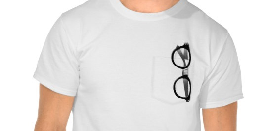 T-shirt with painted pocket and geek's glasses in it.